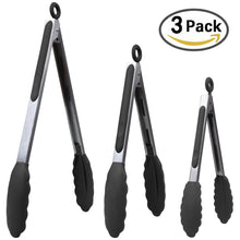 Load image into Gallery viewer, Silicone Tongs for Cooking Grilling (3 food tongs x 7/9/12") Heavy Duty Stainless Steel BBQ Tongs for Grilling, Cooking Tongs, Kitchen Tongs with Silicone Tips, Salad Tongs, Rubber Tongs Buffet