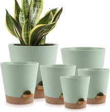 Load image into Gallery viewer, Indoor Self Watering Planters with Drainage Holes and Saucers, 8, 7, 6.5, 6, 5.5, 5 Inches, Green, 6 Pots