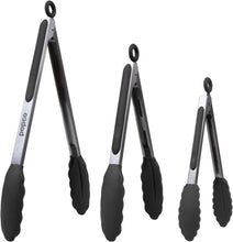 Load image into Gallery viewer, Silicone Tongs for Cooking Grilling (3 food tongs x 7/9/12") Heavy Duty Stainless Steel BBQ Tongs for Grilling, Cooking Tongs, Kitchen Tongs with Silicone Tips, Salad Tongs, Rubber Tongs Buffet