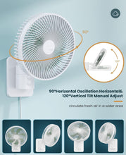 Load image into Gallery viewer, 8 Inch Small Wall Mounted Fan with Remote Control, AC/DC(12V), 90°Oscillating, 4 Speeds, Timer, Adjustable Tilt, 70-Inches Cord Ultra Quiet, for Home Office Camping-White