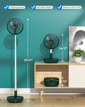 Load image into Gallery viewer, Portable Oscillating Standing Fan,Rechargeable Battery Operated USB Floor Table Desk Fan with Remote, 4 Speed Settings Pedestal Fans for Bedroom Office Camping Fishing Travel Green 7.7"