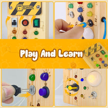 Load image into Gallery viewer, Montessori Wooden Busy Board with 8 LED Light switches, Sensory Toys Light Switch Travel Toys for 1+ Year Old Baby and Toddler