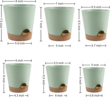 Load image into Gallery viewer, Indoor Self Watering Planters with Drainage Holes and Saucers, 8, 7, 6.5, 6, 5.5, 5 Inches, Green, 6 Pots