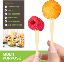 Load image into Gallery viewer, 200 Bamboo Appetizer Forks, 3.5" Disposable Bamboo Fork for Charcuterie, Mini Forks for Appetizers, Cocktail Forks for Weddings, Small Appetizer Picks