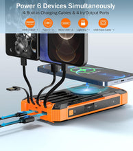 Load image into Gallery viewer, Power Bank Wireless Charger 20000mAh Built in 4 Cables Six Outputs 15W Fast Charging Power Bank for All Mobile Devices Three Inputs Solar Portable Charger with Dual Flashlights, Carabiner