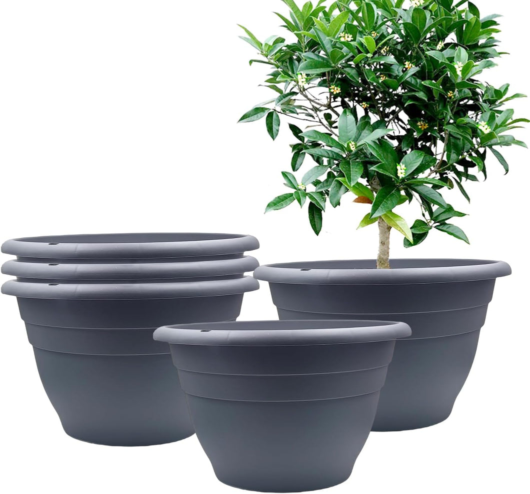 5-Pack 10 inch Plastic Planters, Round Flower Pots with Drainage Holes, Thick Sturdy Traditional Garden Pots Indoor and Outdoor(Dark Gray)