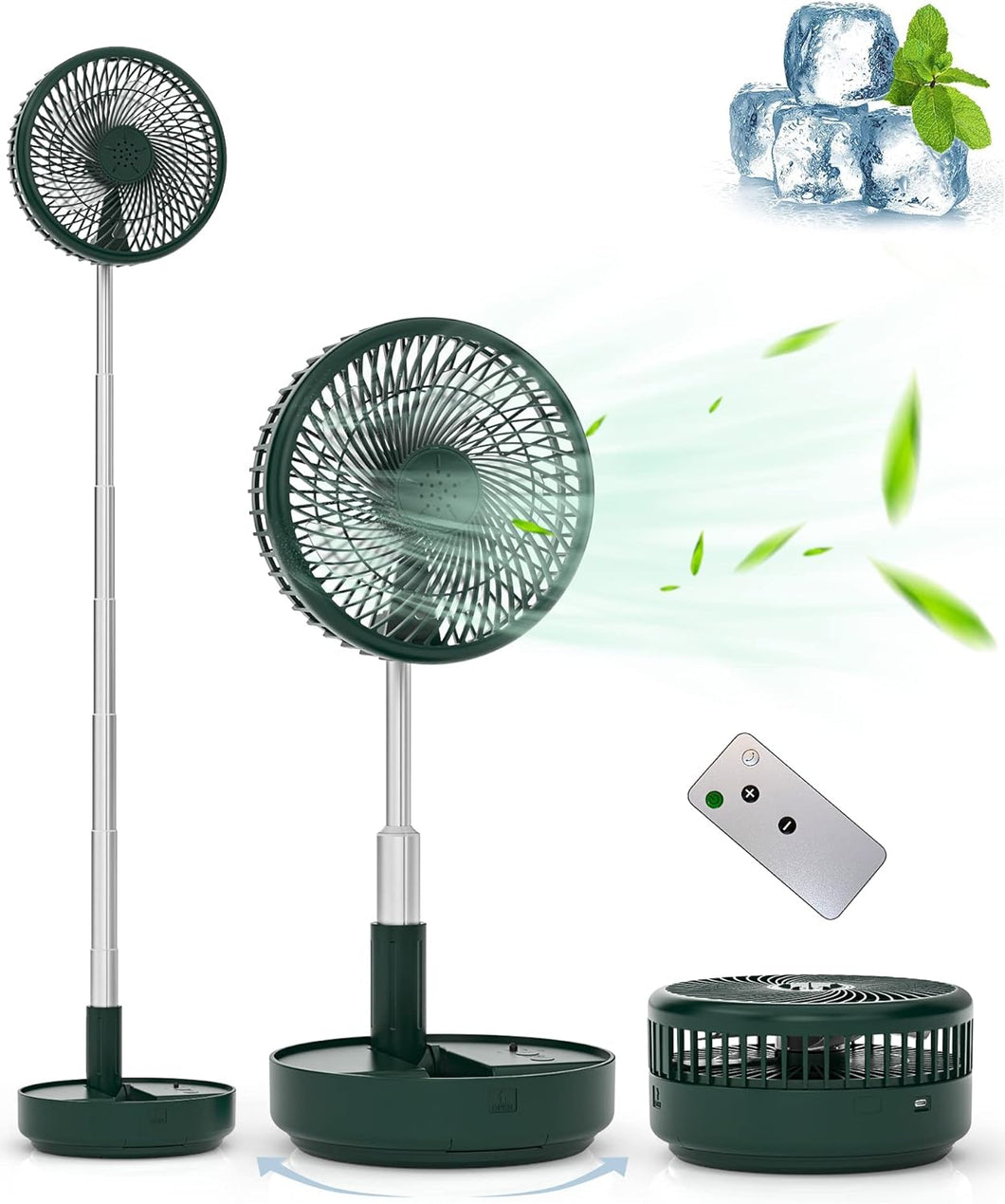 Portable Oscillating Standing Fan,Rechargeable Battery Operated USB Floor Table Desk Fan with Remote, 4 Speed Settings Pedestal Fans for Bedroom Office Camping Fishing Travel Green 7.7