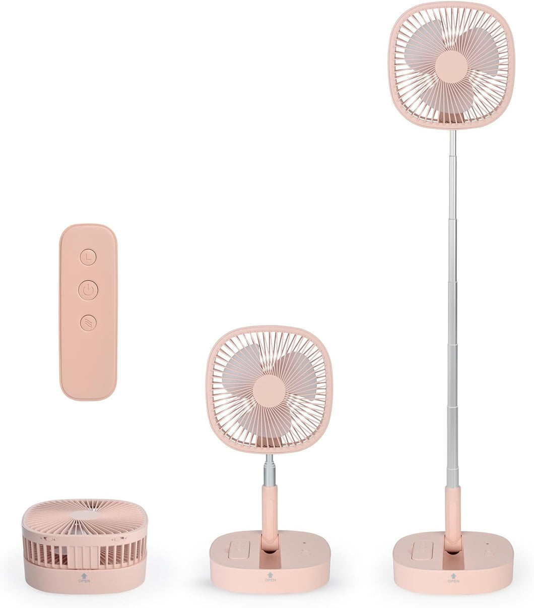 Portable Pedestal Fan - Foldaway Standing Fan Foldable Desk Fan, Use 7200Mah Rechargeable Battery, Remote Control Telescopic 4 Speed Quiet Timer Fan for Home Kitchen Outdoor Camping (Pink)