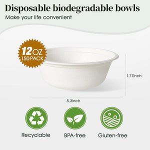 150 Pack 12 oz Paper Bowls, Disposable Compostable Bowls Heavy-Duty, Biodegradable Soup Bowls Made of Natural Bagasse, Eco-Friendly Sugarcane Bowls for Salad, Dessert, Milk, Cereals