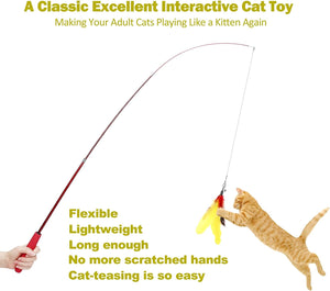 Interactive Cat Toys - Retractable Wand Toy and Feather Toys Refills for Indoor Cats to Chase and Exercise
