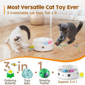 Cat Toys 3in1 Automatic Interactive Kitten Toy, Fluttering Butterfly, Moving Ambush Feather, Track Balls, Dual Power Supplies, USB Powered, Indoor Exercise Kicker (Bright White)