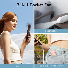 Load image into Gallery viewer, Handheld Mini Fan, 3 IN 1 Hand Fan, USB Rechargeable Small Pocket Fan [12-19 Working Hours] with Power Bank, Flashlight, Portable Fan for Travel/Summer/Concerts/Lash, Gifts for Women(Pink)
