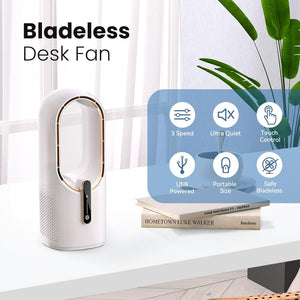 Desk Fan Bladeless, 11.8 Inch Office Fan Small, Quiet, 3 Speed Adjustment, Touch Control, Easy to Clean, Desk Fans Small Quiet, Ideal for Office, Living Room, Bedroom 2200mAh