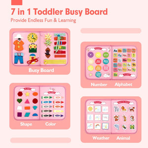 Busy Board - Montessori Toys for 2 Year Old Girl Bithday Gift - 7in1 Preschool Learning Activities with Life Skill, ABC,123,Shape,Color,Animal,Weather, Toddler Travel Toys Ages 1-3