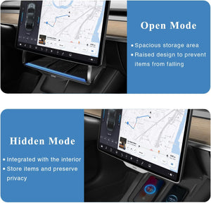 Tesla Center Console Organizer Tray for Model Y Model 3 Hideable Under Screen Organizer Box with Black Removable Anti-Slip Silicone Pad, Model Y 3 Accessories 2016-2024