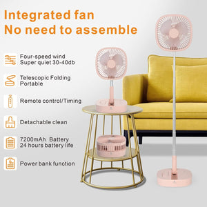 Portable Pedestal Fan - Foldaway Standing Fan Foldable Desk Fan, Use 7200Mah Rechargeable Battery, Remote Control Telescopic 4 Speed Quiet Timer Fan for Home Kitchen Outdoor Camping (Pink)