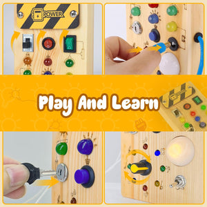 Montessori Wooden Busy Board with 8 LED Light switches, Sensory Toys Light Switch Travel Toys for 1+ Year Old Baby and Toddler