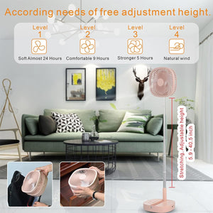 Portable Pedestal Fan - Foldaway Standing Fan Foldable Desk Fan, Use 7200Mah Rechargeable Battery, Remote Control Telescopic 4 Speed Quiet Timer Fan for Home Kitchen Outdoor Camping (Pink)