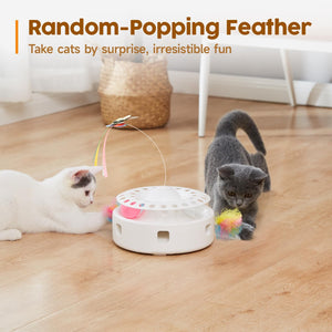 Cat Toys 3in1 Automatic Interactive Kitten Toy, Fluttering Butterfly, Moving Ambush Feather, Track Balls, Dual Power Supplies, USB Powered, Indoor Exercise Kicker (Bright White)