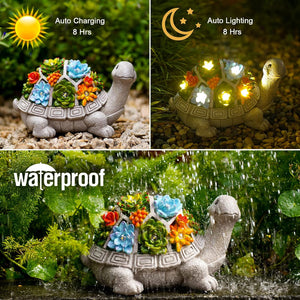 Solar Garden Outdoor Statues Turtle with Succulent, LED Lights - Lawn Decor Tortoise Statue for Patio, Balcony, Yard Ornament - Unique Housewarming Gifts