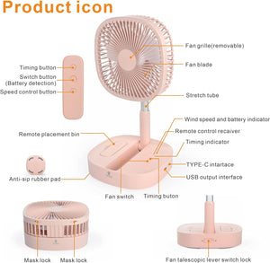 Portable Pedestal Fan - Foldaway Standing Fan Foldable Desk Fan, Use 7200Mah Rechargeable Battery, Remote Control Telescopic 4 Speed Quiet Timer Fan for Home Kitchen Outdoor Camping (Pink)