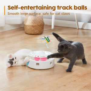 Cat Toys 3in1 Automatic Interactive Kitten Toy, Fluttering Butterfly, Moving Ambush Feather, Track Balls, Dual Power Supplies, USB Powered, Indoor Exercise Kicker (Bright White)