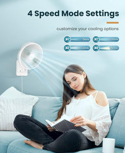 8 Inch Small Wall Mounted Fan with Remote Control, AC/DC(12V), 90°Oscillating, 4 Speeds, Timer, Adjustable Tilt, 70-Inches Cord Ultra Quiet, for Home Office Camping-White