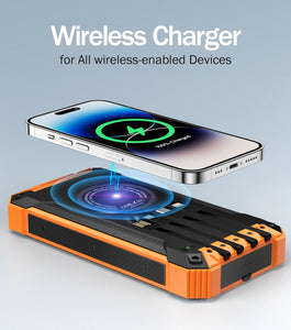 Power Bank Wireless Charger 20000mAh Built in 4 Cables Six Outputs 15W Fast Charging Power Bank for All Mobile Devices Three Inputs Solar Portable Charger with Dual Flashlights, Carabiner