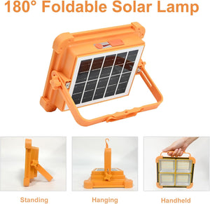 LED Work Solar Light - Portable Flood Light with Solar Powered & USB Battery Rechargeable 5 Modes Portable Camping Lamp - Ideal for Hurricane, Garage, Fishing, Emergency