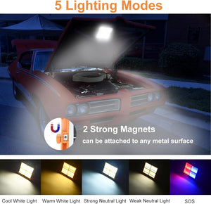 LED Work Solar Light - Portable Flood Light with Solar Powered & USB Battery Rechargeable 5 Modes Portable Camping Lamp - Ideal for Hurricane, Garage, Fishing, Emergency
