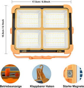 LED Work Solar Light - Portable Flood Light with Solar Powered & USB Battery Rechargeable 5 Modes Portable Camping Lamp - Ideal for Hurricane, Garage, Fishing, Emergency