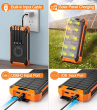 Load image into Gallery viewer, Power Bank Wireless Charger 20000mAh Built in 4 Cables Six Outputs 15W Fast Charging Power Bank for All Mobile Devices Three Inputs Solar Portable Charger with Dual Flashlights, Carabiner
