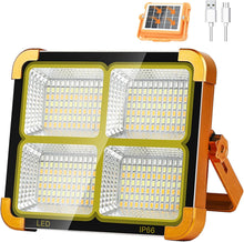 Load image into Gallery viewer, LED Work Solar Light - Portable Flood Light with Solar Powered &amp; USB Battery Rechargeable 5 Modes Portable Camping Lamp - Ideal for Hurricane, Garage, Fishing, Emergency
