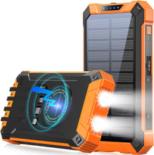 Load image into Gallery viewer, Power Bank Wireless Charger 20000mAh Built in 4 Cables Six Outputs 15W Fast Charging Power Bank for All Mobile Devices Three Inputs Solar Portable Charger with Dual Flashlights, Carabiner
