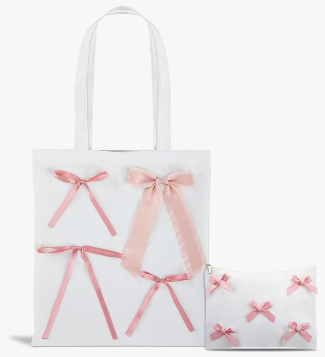 Wholesale:Christmas Pink Bow Canvas Tote Bag Coquette Pink Satin Bows Bachelorette Party Favors Gift Bags with Zipper Pouch for Women, Bride, Bridesmaid Gift,