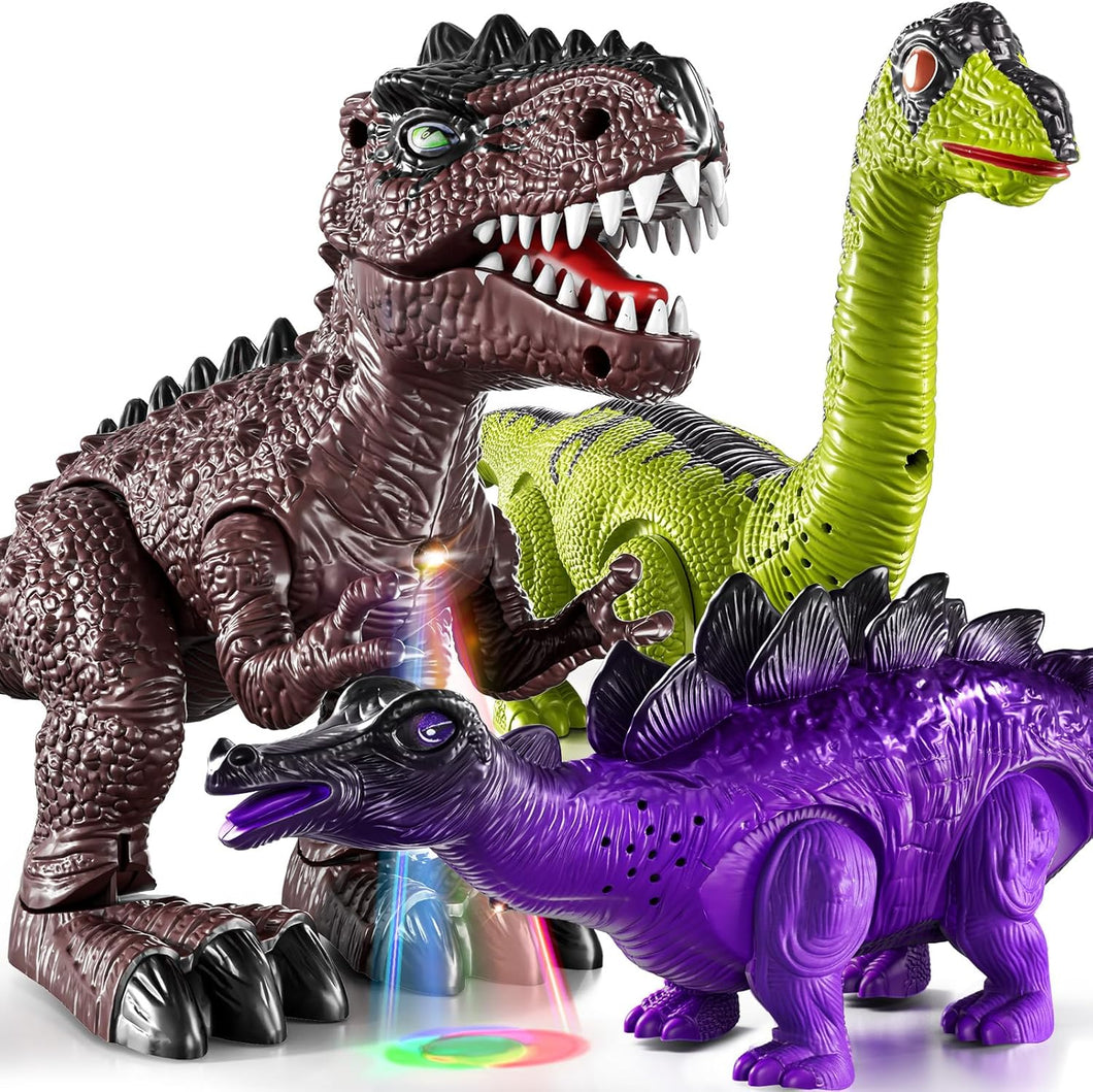 3 Pack Electrical Walking Dinosaur Toys for Toddlers 3-4 3-5 Years with Sound and Light Up, Toddler Robot Dinosaur, Brachiosaurus, Stegosaurus Dinosaur Figures for Kids