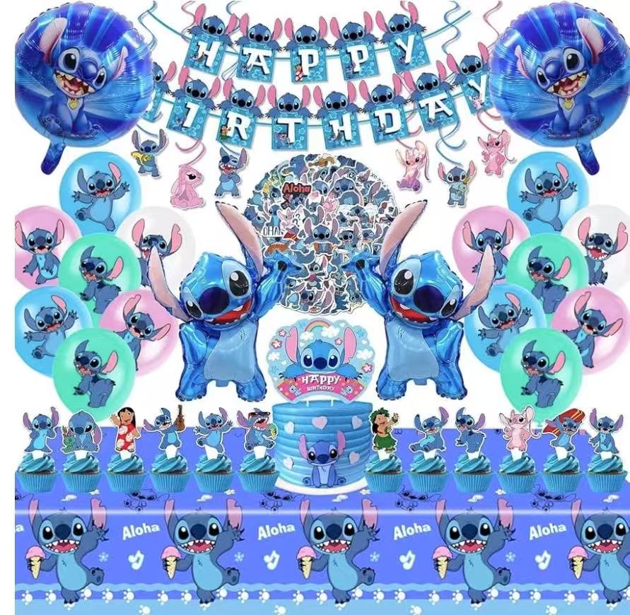 Wholesale: Stitch Party Supplies, Birthday Decorations Set Include Banner, Balloons, Stickers, Hanging Swirls, Cake Cupcake Toppers, Tablecloth for Boys Girls Stitch Theme Party