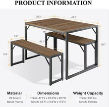 Load image into Gallery viewer, Wholesale: Kitchen Dining Table Set for 4 with Benches, Rustic Small Space Saving Dinette, Heavy Duty Metal Frame
