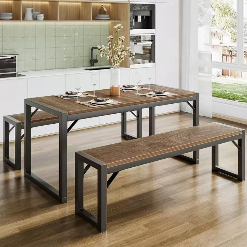 Wholesale: Kitchen Dining Table Set for 4 with Benches, Rustic Small Space Saving Dinette, Heavy Duty Metal Frame